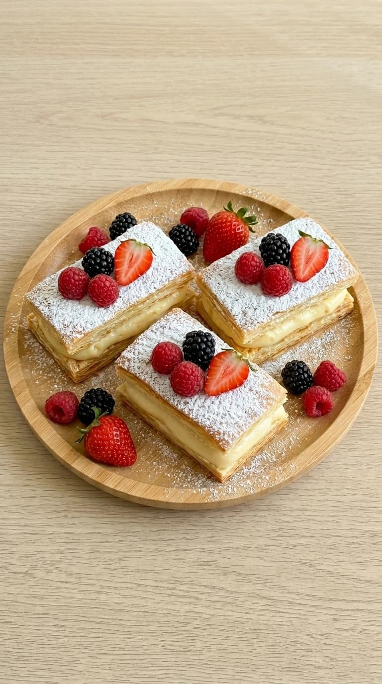Dünya mutfaklarından pratik pasta tarifleri için günün pastası; mille-feuille yani içi kremalı ve üstü meyveli çıtır milföy pasta nasıl yapılır? Ev yapımı kremalı milföy pasta tarifi ve yapılışı için malzemeleri inceleyin.